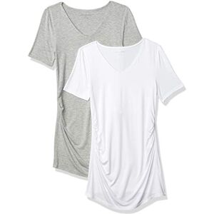 Amazon Essentials Women's Maternity Short-Sleeve Rouched V-Neck T-Shirt, Pack of 2, Light Grey Heather/White, S Amazon Essentials Women's Maternity Short-Sleeve Rouched V-Neck T-Shirt, Pack of 2, Light Grey Heather/White, S