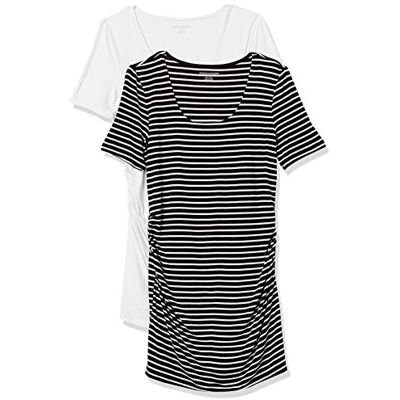Amazon Essentials Women's Maternity Short-Sleeve Rouched Scoopneck T-Shirt, Pack of 2, Black Stripes/White, S Amazon Essentials Women's Maternity Short-Sleeve Rouched Scoopneck T-Shirt, Pack of 2, Black Stripes/White, S