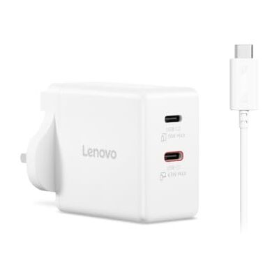 Lenovo Dual USB‑C 65W Charger for Laptop, Tablet & Phone GaN Tech, Ultra‑Compact & Lightweight UK Plug, USB-C Cable Included White Lenovo Dual USB‑C 65W Charger for Laptop, Tablet & Phone GaN Tech, Ultra‑Compact & Lightweight UK Plug, USB-C Cable Included White