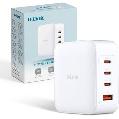 D-Link DCF-141 140W GaN USB Charger, 4-Port Fast Charge Adapter with PD 3.1, QC 4.0, USB-C and A Compatible, for MacBook, Laptop, Smartphone, Tablet, and More D-Link DCF-141 140W GaN USB Charger, 4-Port Fast Charge Adapter with PD 3.1, QC 4.0, USB-C and A Compatible, for MacBook, Laptop, Smartphone, Tablet, and More