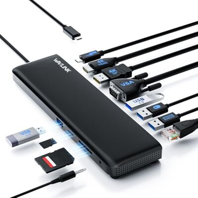 WAVLINK USB C Docking Station 3 Monitors, Docking Station with HDMI, DP, VGA, 100W PD, USB3.0&2.0, RJ45, SD/TF Slots, Audio/Microphone for Lenovo/HP/Dell etc Black WAVLINK USB C Docking Station 3 Monitors, Docking Station with HDMI, DP, VGA, 100W PD, USB3.0&2.0, RJ45, SD/TF Slots, Audio/Microphone for Lenovo/HP/Dell etc Black