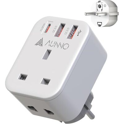 AUNNO UK to European Plug Adapter, PD 20W Fast Charging Grounded European Adapter with Shaver Plug, Adapter with 2 USB Ports and 1 USB-C Port for Germany France Spain Greece Poland etc (Type E/F) AUNNO UK to European Plug Adapter, PD 20W Fast Charging Grounded European Adapter with Shaver Plug, Adapter with 2 USB Ports and 1 USB-C Port for Germany France Spain Greece Poland etc (Type E/F)