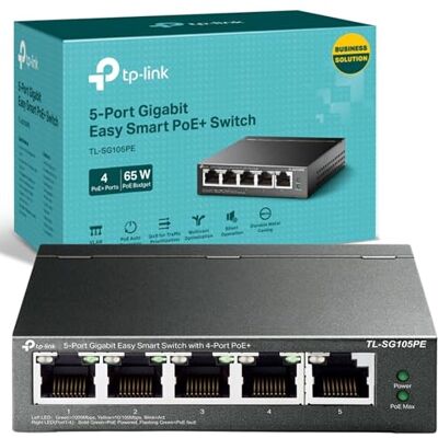 TP-Link TL-SG105PE Managed 5-Port Gigabit PoE Network Switch, 4 Port PoE+ Ethernet Splitter Extenders up to 65W Power Budget, Support Network Monitoring, Traffic Prioritization, Auto Recovery, VLAN TP-Link TL-SG105PE Managed 5-Port Gigabit PoE Network Switch, 4 Port PoE+ Ethernet Splitter Extenders up to 65W Power Budget, Support Network Monitoring, Traffic Prioritization, Auto Recovery, VLAN