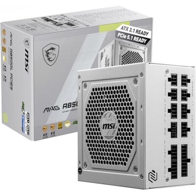 MSI MAG A850GL PCIE5 WHITE Power Supply Unit, 850W, 80 Plus Gold, Fully Modular, ATX 3.0, PCIe 5.0 GPU Support, Black Flat Cables, 7 Year Warranty MSI MAG A850GL PCIE5 WHITE Power Supply Unit, 850W, 80 Plus Gold, Fully Modular, ATX 3.0, PCIe 5.0 GPU Support, Black Flat Cables, 7 Year Warranty