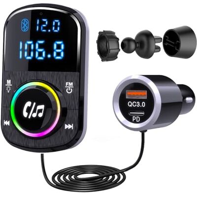 GizmoVine FM Transmitter, Hands Free Car Phone Kit Bluetooth, Support QC3.0 & PD Fast Charger/Ambient Light/Self-Adhesive Base and Clip with 1.1 Cable, BT/TF Card 2 in 1 Music Player GizmoVine FM Transmitter, Hands Free Car Phone Kit Bluetooth, Support QC3.0 & PD Fast Charger/Ambient Light/Self-Adhesive Base and Clip with 1.1 Cable, BT/TF Card 2 in 1 Music Player