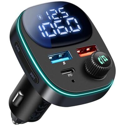 Hoppac Bluetooth 5.3 FM Transmitter, PD 30W and QC 3.0 Car Adapter Hands-free calls, dual-device fast charging, LED voltage display, 7-colour light and USB music playback for car radios Hoppac Bluetooth 5.3 FM Transmitter, PD 30W and QC 3.0 Car Adapter Hands-free calls, dual-device fast charging, LED voltage display, 7-colour light and USB music playback for car radios