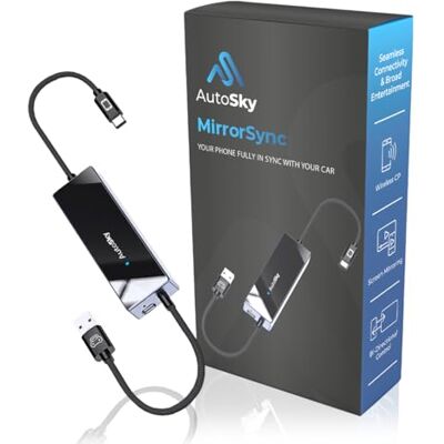 AutoSky Mirror Sync Wireless CarPlay Adapter with Screen Mirroring USB-A & USB-C Wireless CarPlay for Vehicles with Wired CarPlay Plug & Play AutoSky Mirror Sync Wireless CarPlay Adapter with Screen Mirroring USB-A & USB-C Wireless CarPlay for Vehicles with Wired CarPlay Plug & Play