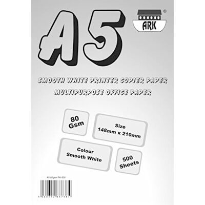 ARK A5 (148mm x 210mm) Everyday 80gsm Smooth White Printer Copier Paper, Multipurpose Office Paper (500 Sheets) ARK A5 (148mm x 210mm) Everyday 80gsm Smooth White Printer Copier Paper, Multipurpose Office Paper (500 Sheets)