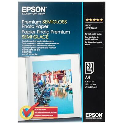 Epson C13S041332 A4 Semi-Gloss Photo Paper, White, Pack of 20 Epson C13S041332 A4 Semi-Gloss Photo Paper, White, Pack of 20