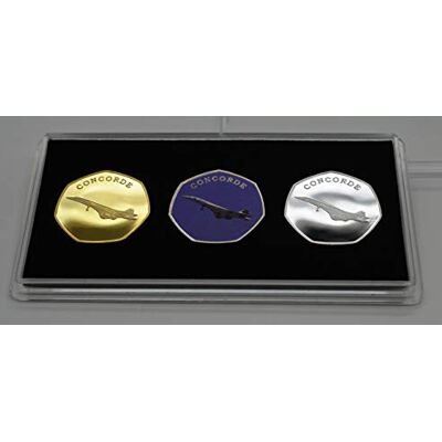 The Commemorative Coin Company Trio of CONCORDE Commemoratives in 50p Coin Display Case. Silver, 24ct Gold, Full Colour. Supersonic Jet Aircraft, British Airways, Air France The Commemorative Coin Company Trio of CONCORDE Commemoratives in 50p Coin Display Case. Silver, 24ct Gold, Full Colour. Supersonic Jet Aircraft, British Airways, Air France
