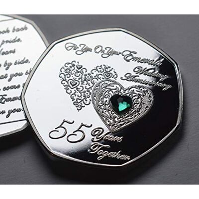 The Commemorative Coin Company 55TH EMERALD WEDDING ANNIVERSARY Silver Commemorative with Diamante Gemstone. Gift/Present 55 Years Together The Commemorative Coin Company 55TH EMERALD WEDDING ANNIVERSARY Silver Commemorative with Diamante Gemstone. Gift/Present 55 Years Together