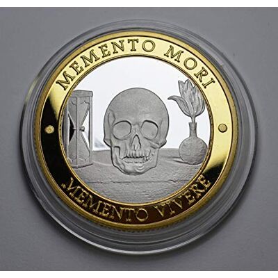 The Commemorative Coin Company MEMENTO MORI/VIVERE Silver and 24ct Gold Reminder Coin in Capsule. MORS VINCIT OMNIA. Stoic/Reflection. Tulips, Hourglass, Skull/Death The Commemorative Coin Company MEMENTO MORI/VIVERE Silver and 24ct Gold Reminder Coin in Capsule. MORS VINCIT OMNIA. Stoic/Reflection. Tulips, Hourglass, Skull/Death