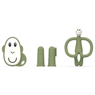 Matchstick Monkey , Antimicrobial Teething Starter Set 1 Flat Face Teether, 1 Animal Teether, 2 Silicone Finger Toothbrushes, 3 Months Old+, Olive Matchstick Monkey , Antimicrobial Teething Starter Set 1 Flat Face Teether, 1 Animal Teether, 2 Silicone Finger Toothbrushes, 3 Months Old+, Olive