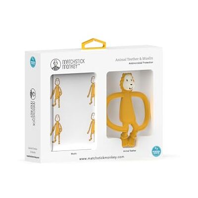 Matchstick Monkey , Antimicrobial Teether & Muslin Gift Set 1 Animal Teether, 1 Soft 100% Organic Cotton Muslin, Ludo Lion Matchstick Monkey , Antimicrobial Teether & Muslin Gift Set 1 Animal Teether, 1 Soft 100% Organic Cotton Muslin, Ludo Lion