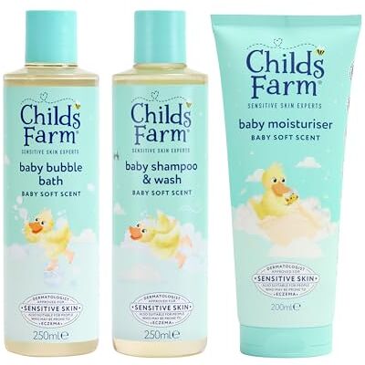 Childs Farm Baby Regime Bundle Bubble Bath (250ml), Shampoo & Body Wash (250ml) and Body Moisturiser (200ml) Baby Soft Scent Suitable for Newborns with Sensitive, Dry, Itchy Skin Childs Farm Baby Regime Bundle Bubble Bath (250ml), Shampoo & Body Wash (250ml) and Body Moisturiser (200ml) Baby Soft Scent Suitable for Newborns with Sensitive, Dry, Itchy Skin