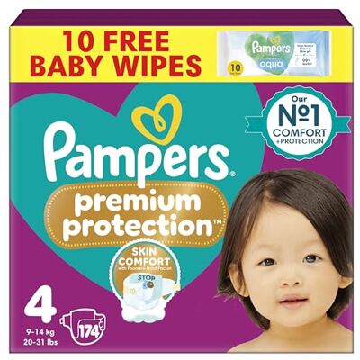 Pampers Premium Protection Size 4, 174 Nappies, 9kg-14kg, Monthly Pack, Double protection Skin comfort Ultra-soft materials Pampers Premium Protection Size 4, 174 Nappies, 9kg-14kg, Monthly Pack, Double protection Skin comfort Ultra-soft materials