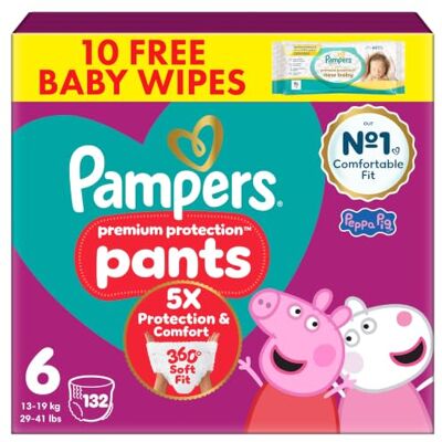 Pampers Premium Protection Nappy Pants Size 6, 132 Nappies, 13kg-19kg, Monthly Pack + Harmonie Aqua Baby Wipes 1 pack of 10 Wipes Pampers Premium Protection Nappy Pants Size 6, 132 Nappies, 13kg-19kg, Monthly Pack + Harmonie Aqua Baby Wipes 1 pack of 10 Wipes