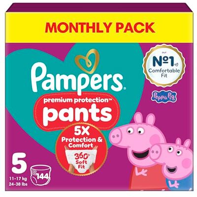 Pampers Premium Protection Nappy Pants Size 5, 144 Nappies, 11kg-17kg, Monthly Pack + Harmonie Aqua Baby Wipes 1 pack of 10 Wipes Pampers Premium Protection Nappy Pants Size 5, 144 Nappies, 11kg-17kg, Monthly Pack + Harmonie Aqua Baby Wipes 1 pack of 10 Wipes