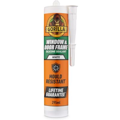 GORILLA Window & Door White Silicone Sealant, 295ml – Mould Resistant, 100% Waterproof Sealant, Rain Ready in 30 Minutes, Shrink & Crack Proof Sealant Use on Window Frames, Doors & More GORILLA Window & Door White Silicone Sealant, 295ml – Mould Resistant, 100% Waterproof Sealant, Rain Ready in 30 Minutes, Shrink & Crack Proof Sealant Use on Window Frames, Doors & More