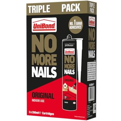 Unibond No More Nails Original High Strength Grab Adhesive, Heavy Duty Mounting Glue for Wood, Brick, Metal, Ceramic & Plaster, Instant Grab Interior Construction, Pack of 3 (3 x 280ml Cartridges) Unibond No More Nails Original High Strength Grab Adhesive, Heavy Duty Mounting Glue for Wood, Brick, Metal, Ceramic & Plaster, Instant Grab Interior Construction, Pack of 3 (3 x 280ml Cartridges)