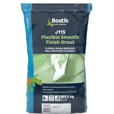 Bostik J115 Flexible Smooth Finish Tile Grout White 5kg Mould-Resistant Waterproof Non-Slip Suitable for Walls & Floors Indoor/Outdoor Use Bostik J115 Flexible Smooth Finish Tile Grout White 5kg Mould-Resistant Waterproof Non-Slip Suitable for Walls & Floors Indoor/Outdoor Use