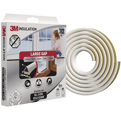 3M Premium Insulation Foam Seal, 6m, White, Large Gap up to 6.5mm, Self-Adhesive Rubber Black Carbon for Insulating Gaps in Windows and Doors, Enhanced Strength, UV resistant, Long-lasting Performance 3M Premium Insulation Foam Seal, 6m, White, Large Gap up to 6.5mm, Self-Adhesive Rubber Black Carbon for Insulating Gaps in Windows and Doors, Enhanced Strength, UV resistant, Long-lasting Performance