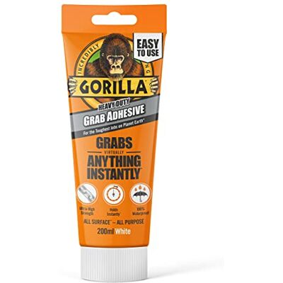 GORILLA Heavy Duty White Grab Adhesive 200ml Tube – All-Purpose, Ultra-High Strength, Holds Instantly, 100% Waterproof & temperature resistant GORILLA Heavy Duty White Grab Adhesive 200ml Tube – All-Purpose, Ultra-High Strength, Holds Instantly, 100% Waterproof & temperature resistant
