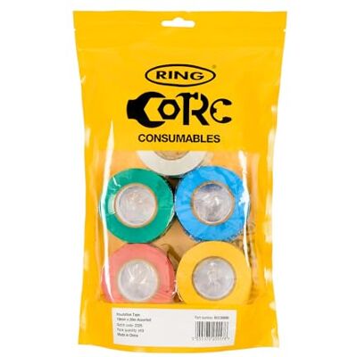RING PVC Insulation Tape 19 mm x 20 M, Assorted Pack (10 Pcs) Assorted Pack 5 x Colours: (2 x) Blue Green Red White Yellow, Flame Retardant PVC, 19 mm x 20M Roll RING PVC Insulation Tape 19 mm x 20 M, Assorted Pack (10 Pcs) Assorted Pack 5 x Colours: (2 x) Blue Green Red White Yellow, Flame Retardant PVC, 19 mm x 20M Roll