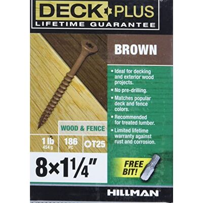 Deck Plus Wood Screws, Brown Exterior Screws, 1-1/4" x #8, 1lb Epoxy-coated steel, star drive with T25 bit, self-drilling coarse threads for decking, fencing, and treated lumber Deck Plus Wood Screws, Brown Exterior Screws, 1-1/4" x #8, 1lb Epoxy-coated steel, star drive with T25 bit, self-drilling coarse threads for decking, fencing, and treated lumber
