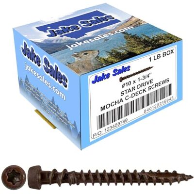 Jake Sales 10 x 1-3/4" Mocha Composite Decking Screws. Exterior Coated, Pressure Treated and ACQ Lumber Compatible. Use T20 Torx/Star Dive Bit (1 Pound ~133 Screws) Jake Sales 10 x 1-3/4" Mocha Composite Decking Screws. Exterior Coated, Pressure Treated and ACQ Lumber Compatible. Use T20 Torx/Star Dive Bit (1 Pound ~133 Screws)