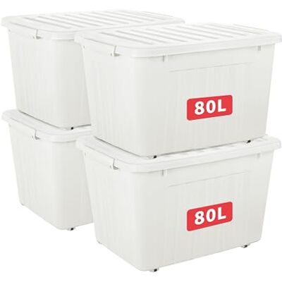 Cetomo 80L*4 Storage Boxes with Lids, Plastic Storage Box with Wheels and Secure Side Latches, Stackable & Nestable Organizer for Home, Office, Moving, PP, White, 80L-4 Pack Cetomo 80L*4 Storage Boxes with Lids, Plastic Storage Box with Wheels and Secure Side Latches, Stackable & Nestable Organizer for Home, Office, Moving, PP, White, 80L-4 Pack
