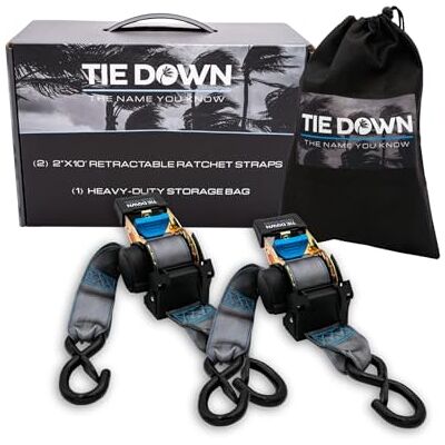 Tie Down 2 in. x 10 ft Grey Heavy Duty Retractable Ratchet Strap, 2-Pack Kit 3000 lbs. Breaking Load Limit Tie Down 2 in. x 10 ft Grey Heavy Duty Retractable Ratchet Strap, 2-Pack Kit 3000 lbs. Breaking Load Limit