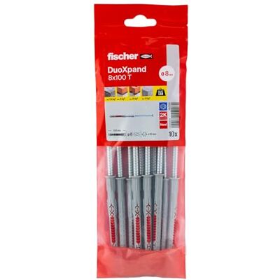 fischer DuoXpand 8 x 100 T, Universal Expansion Dowel with Galvanised Countersunk Screw (Pack of 10), Nylon & Flexible Material, Red, Ideal for Porous Building Materials & Close to Edge Anchors fischer DuoXpand 8 x 100 T, Universal Expansion Dowel with Galvanised Countersunk Screw (Pack of 10), Nylon & Flexible Material, Red, Ideal for Porous Building Materials & Close to Edge Anchors
