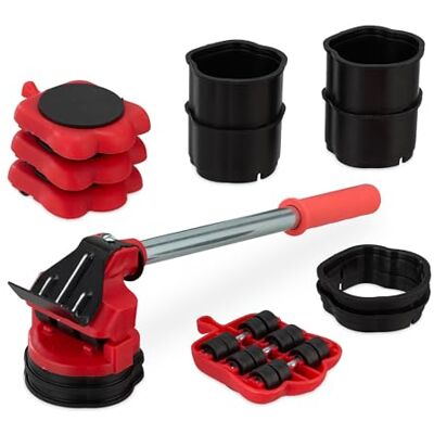 Relaxdays Furniture Lifter and Trolley Set, Transport Heavy Objects, up to 150kg, Rotates, 8 Attachments, Red/Black, Iron, 7 x 34 x 7 cm Relaxdays Furniture Lifter and Trolley Set, Transport Heavy Objects, up to 150kg, Rotates, 8 Attachments, Red/Black, Iron, 7 x 34 x 7 cm