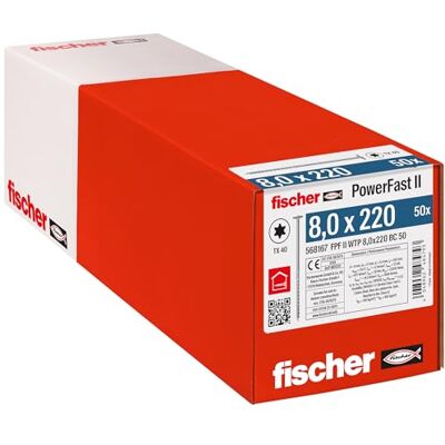 fischer PowerFast II WTP 8.0 x 220, Powerful Wood Screws with Flat Head, Inner Star Receptacle and Partial Thread, for Structural Wood Construction, Pack of 50 fischer PowerFast II WTP 8.0 x 220, Powerful Wood Screws with Flat Head, Inner Star Receptacle and Partial Thread, for Structural Wood Construction, Pack of 50