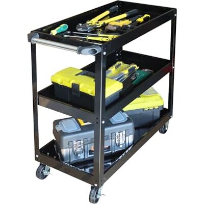 Relaxdays Workshop Trolley with 3 Shelves, Mobile, 100kg Capacity, 82.5x84x41cm, Black Relaxdays Workshop Trolley with 3 Shelves, Mobile, 100kg Capacity, 82.5x84x41cm, Black