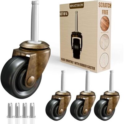 NATIKON Antique Brass Casters with Rubber Wheels 1-5/8" Stem Caster Replacement for Chairs, Sofa, Dresser Vintage Furniture Rollers for Hardwood Floor Set of 4 NATIKON Antique Brass Casters with Rubber Wheels 1-5/8" Stem Caster Replacement for Chairs, Sofa, Dresser Vintage Furniture Rollers for Hardwood Floor Set of 4