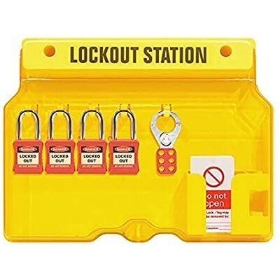 Spectrum Industrial Lockout Tagout Station With 4 Padlocks-1 Hasp-10 Tags, Supplied With Lockable Cover, Yellow, H406 x W315 x D65mm Spectrum Industrial Lockout Tagout Station With 4 Padlocks-1 Hasp-10 Tags, Supplied With Lockable Cover, Yellow, H406 x W315 x D65mm