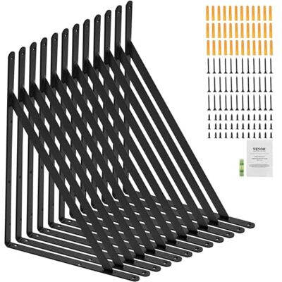 VEVOR Shelf Bracket, 18 x 12 in 12 Pcs, Heavy Duty Floating Shelf Brackets, Brackets for Shelves, 3mm Thick Matte Black Triangle Shelf Bracket,Steel Shelving Brackets with 160 lbs Load Capacity VEVOR Shelf Bracket, 18 x 12 in 12 Pcs, Heavy Duty Floating Shelf Brackets, Brackets for Shelves, 3mm Thick Matte Black Triangle Shelf Bracket,Steel Shelving Brackets with 160 lbs Load Capacity