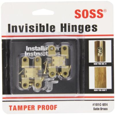SOSS Mortise Mount Invisible Hinges with 4 Holes, Zinc, Satin Brass Finish, 1-11/16" Leaf Height, 3/8" Leaf Width, 29/64" Leaf Thickness, 5 x 3/4" Screw Size (1 Pair) SOSS Mortise Mount Invisible Hinges with 4 Holes, Zinc, Satin Brass Finish, 1-11/16" Leaf Height, 3/8" Leaf Width, 29/64" Leaf Thickness, 5 x 3/4" Screw Size (1 Pair)