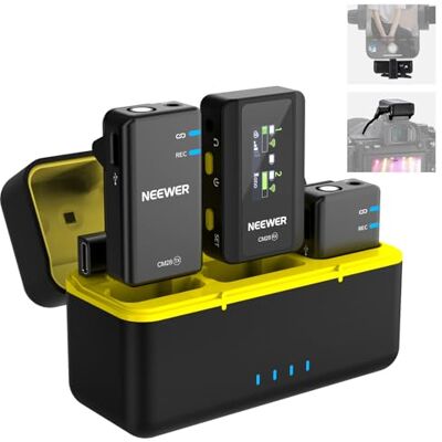 NEEWER CM28 (1 RX + 2 TX + Charging Case), Wireless Lavalier Microphone, Smart Noise Cancelling, 48KHz/16Bit 9 Hrs Uncompressed Recording, 656ft/200m Range, Lav Mic for iPhone, Android, Camera NEEWER CM28 (1 RX + 2 TX + Charging Case), Wireless Lavalier Microphone, Smart Noise Cancelling, 48KHz/16Bit 9 Hrs Uncompressed Recording, 656ft/200m Range, Lav Mic for iPhone, Android, Camera