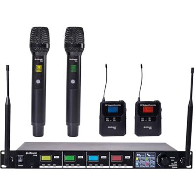 Citronic TU4 Quad UHF Wireless Microphone System PLL Tuneable – 2 Handheld Mics + 2 Bodypack Headset & Lavalier Set for Karaoke, Stage, PA, Singing & Events Citronic TU4 Quad UHF Wireless Microphone System PLL Tuneable – 2 Handheld Mics + 2 Bodypack Headset & Lavalier Set for Karaoke, Stage, PA, Singing & Events