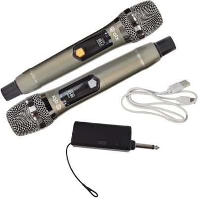 QTX J-MIC UHF Dual Wireless Microphone Set with Rechargeable Receiver, Two Handheld Transmitters, USB Charging, and Dynamic Cardioid Capsules. Presentations, Conferences, or Performances QTX J-MIC UHF Dual Wireless Microphone Set with Rechargeable Receiver, Two Handheld Transmitters, USB Charging, and Dynamic Cardioid Capsules. Presentations, Conferences, or Performances
