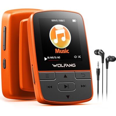 WOLFANG MP3 Players with Bluetooth 5.2, Sports Clip, Mini Size, Weigh 1 oz, HiF FM Radio, Voice Recorder, Earphones Included, Orange WOLFANG MP3 Players with Bluetooth 5.2, Sports Clip, Mini Size, Weigh 1 oz, HiF FM Radio, Voice Recorder, Earphones Included, Orange