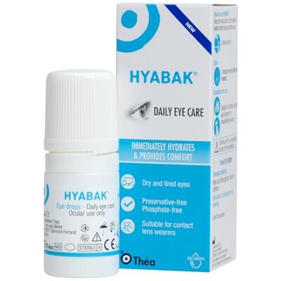 THEA PHARMA Hyabak Preservative-Free Eye Drops, Dry Eye Relief, Hyaluronic Acid, 10ml Suitable for contact lens wearers and screen users, 300 drops THEA PHARMA Hyabak Preservative-Free Eye Drops, Dry Eye Relief, Hyaluronic Acid, 10ml Suitable for contact lens wearers and screen users, 300 drops