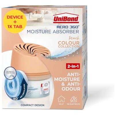 Unibond Aero 360° Moisture Absorber, Peach, 1 Device + 1 Tab 450g Colour Collection Peach Design, Dehumidifier and Condensation Absorber, Reduces Excess Moisture in the Home Unibond Aero 360° Moisture Absorber, Peach, 1 Device + 1 Tab 450g Colour Collection Peach Design, Dehumidifier and Condensation Absorber, Reduces Excess Moisture in the Home