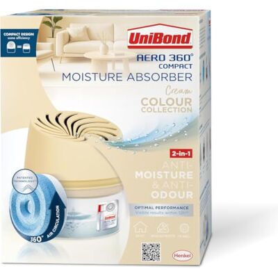Unibond Aero 360° Moisture Absorber, Cream, 1 Device + 1 Tab 450 g Colour Collection Cream Design, Dehumidifier and Condensation Absorber, Reduces Excess Moisture in the Home Unibond Aero 360° Moisture Absorber, Cream, 1 Device + 1 Tab 450 g Colour Collection Cream Design, Dehumidifier and Condensation Absorber, Reduces Excess Moisture in the Home
