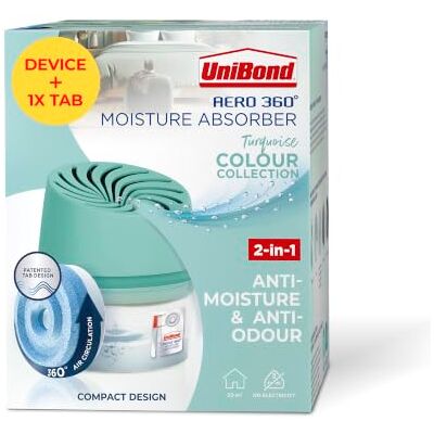 Unibond Aero 360° Moisture Absorber, Turquoise, 1 Device + 1 Tab 450g Colour Collection Cream Design, Dehumidifier and Condensation Absorber, Reduces Excess Moisture in the Home Unibond Aero 360° Moisture Absorber, Turquoise, 1 Device + 1 Tab 450g Colour Collection Cream Design, Dehumidifier and Condensation Absorber, Reduces Excess Moisture in the Home