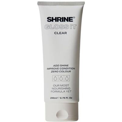 SHRINE GLOSS IT CLEAR Colour Depositing Hair Mask High-Shine Gloss Treatment Suitable for All Hair Colours Boosts Shine & Improves Condition Quick 10-minute application Vegan 200ml SHRINE GLOSS IT CLEAR Colour Depositing Hair Mask High-Shine Gloss Treatment Suitable for All Hair Colours Boosts Shine & Improves Condition Quick 10-minute application Vegan 200ml