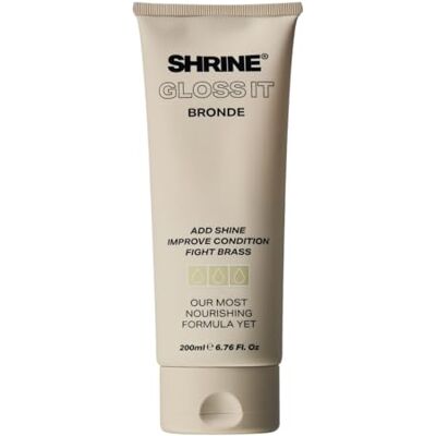 SHRINE GLOSS IT BRONDE Colour Depositing Hair Mask High-Shine Gloss Treatment Cream Tones for Blondes & Highlights Neutralises brassiness Quick 10-minute application Vegan 200ml SHRINE GLOSS IT BRONDE Colour Depositing Hair Mask High-Shine Gloss Treatment Cream Tones for Blondes & Highlights Neutralises brassiness Quick 10-minute application Vegan 200ml